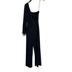 Good Time USA Romper Sz S Black One Feather Trimmed Sleeve Jumpsuit Size Small